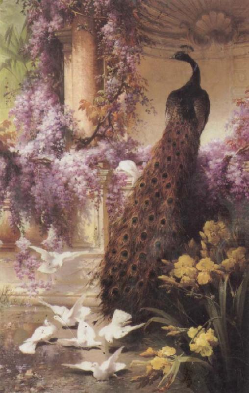 A Peacock and Doves in a Garden, Eugene Bidau